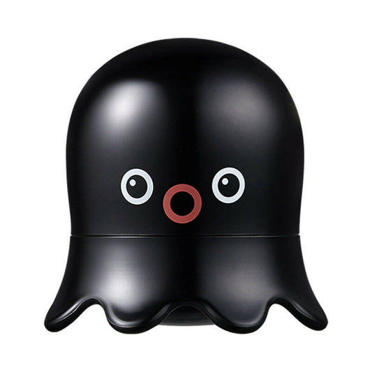 Black ghost-shaped container with eyes and a mouth on a white background