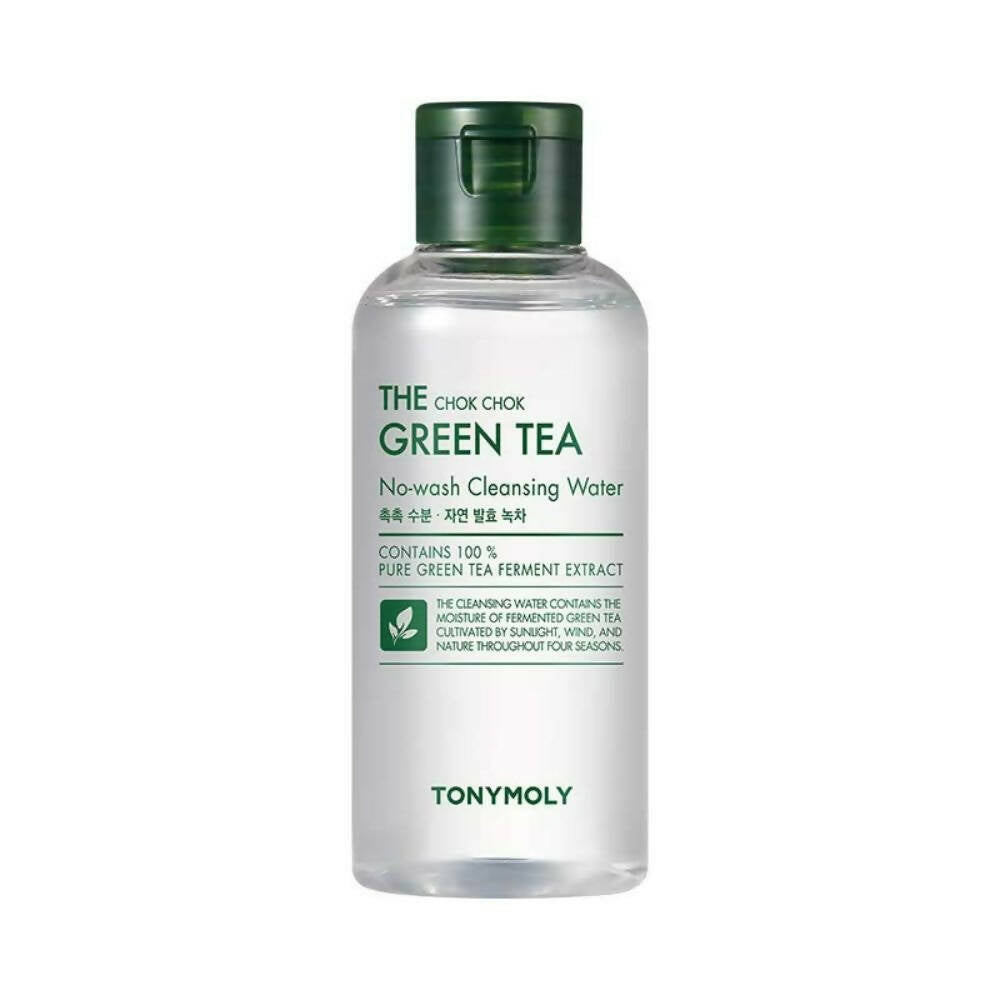 Bottle of TONYMOLY Green Tea cleansing water on a white background