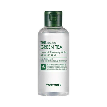 Bottle of TONYMOLY Green Tea cleansing water on a white background