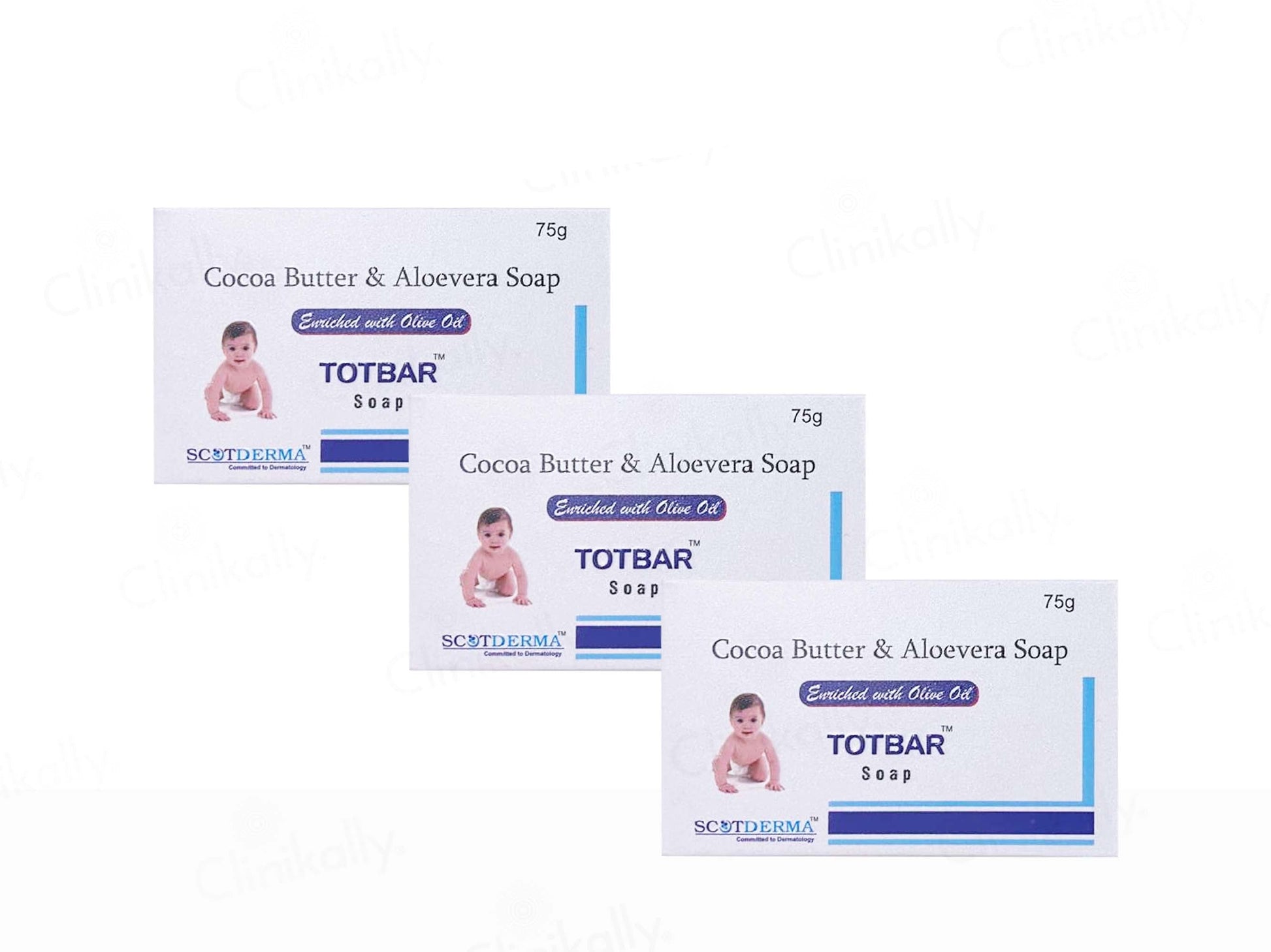 Three boxes of TOTBAR Cocoa Butter & Aloe Vera Soap on a white background
