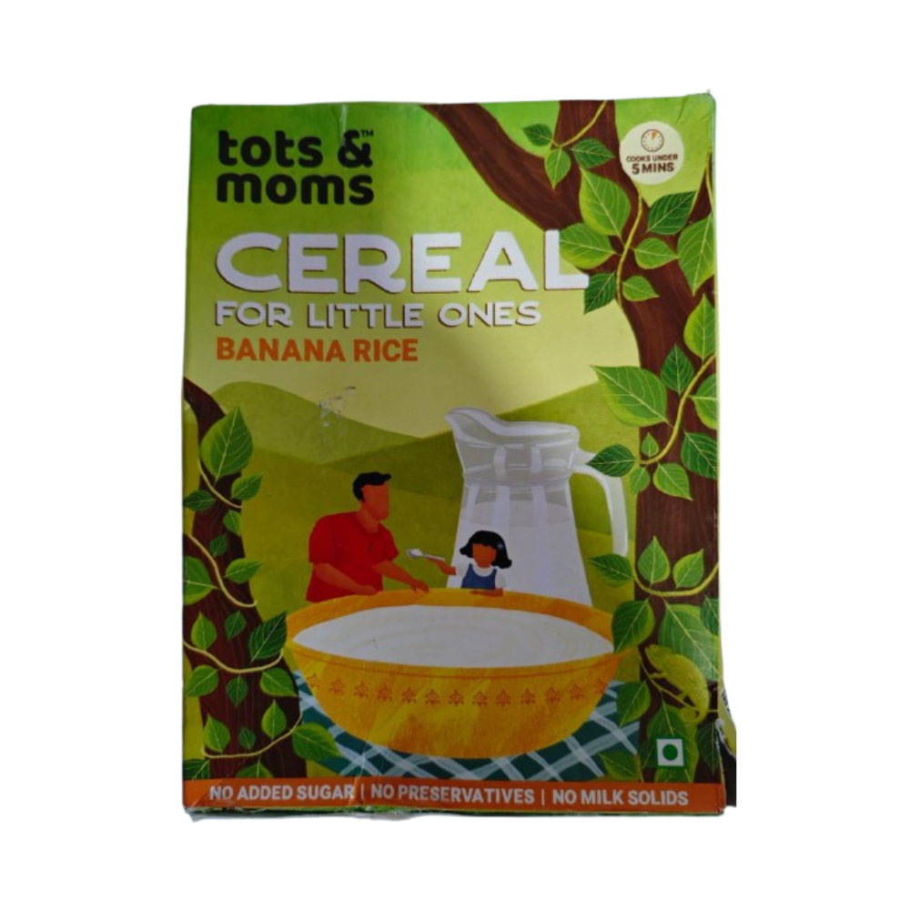 Tots & Moms Banana Rice cereal packaging on a white background
