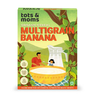 Box of organic multigrain banana cereal for kids and moms