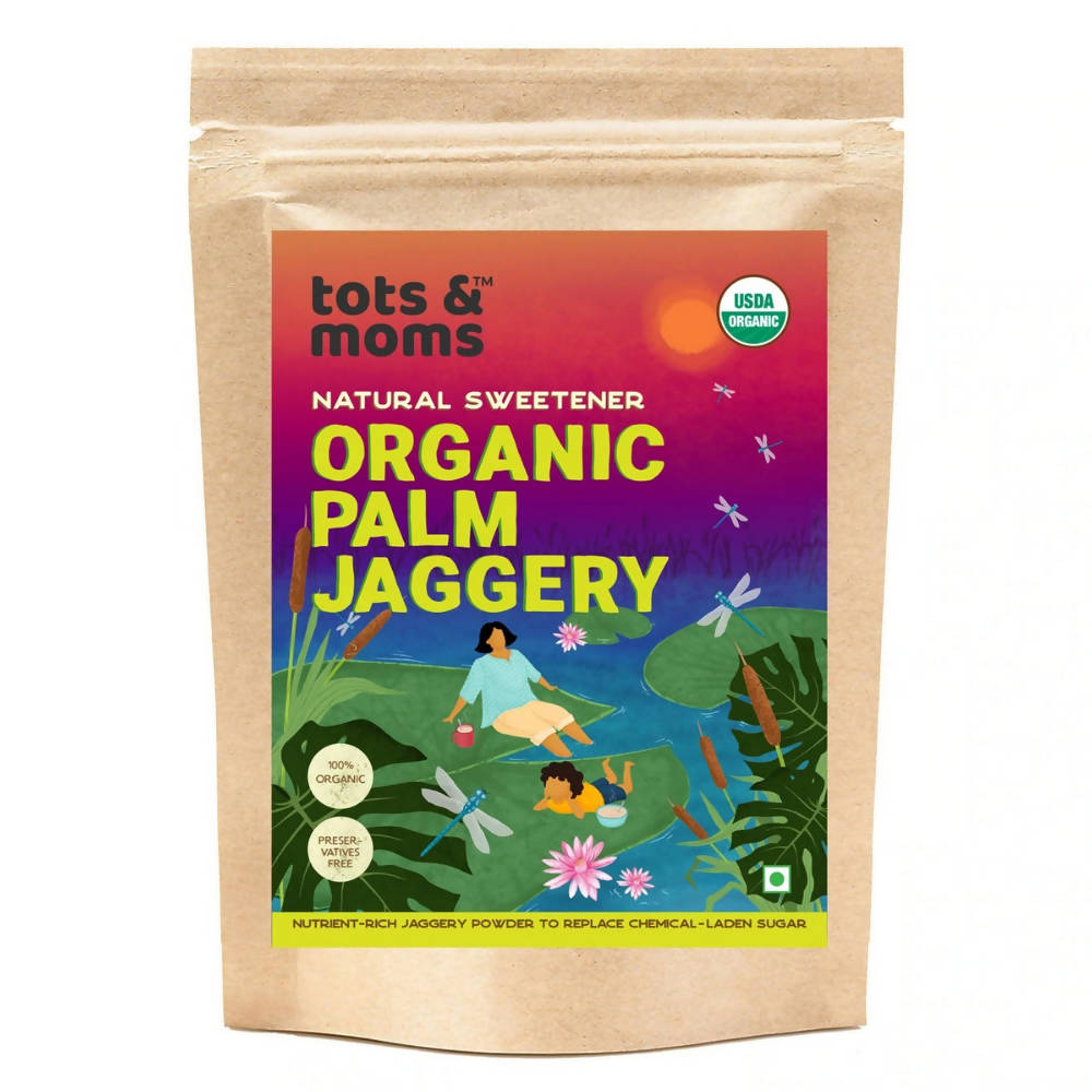 Package of organic palm jaggery with colorful label and 'tots & moms' branding.