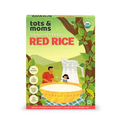 Box of tots & moms Organic Cereal Red Rice with a green background and illustrations of a man and child.