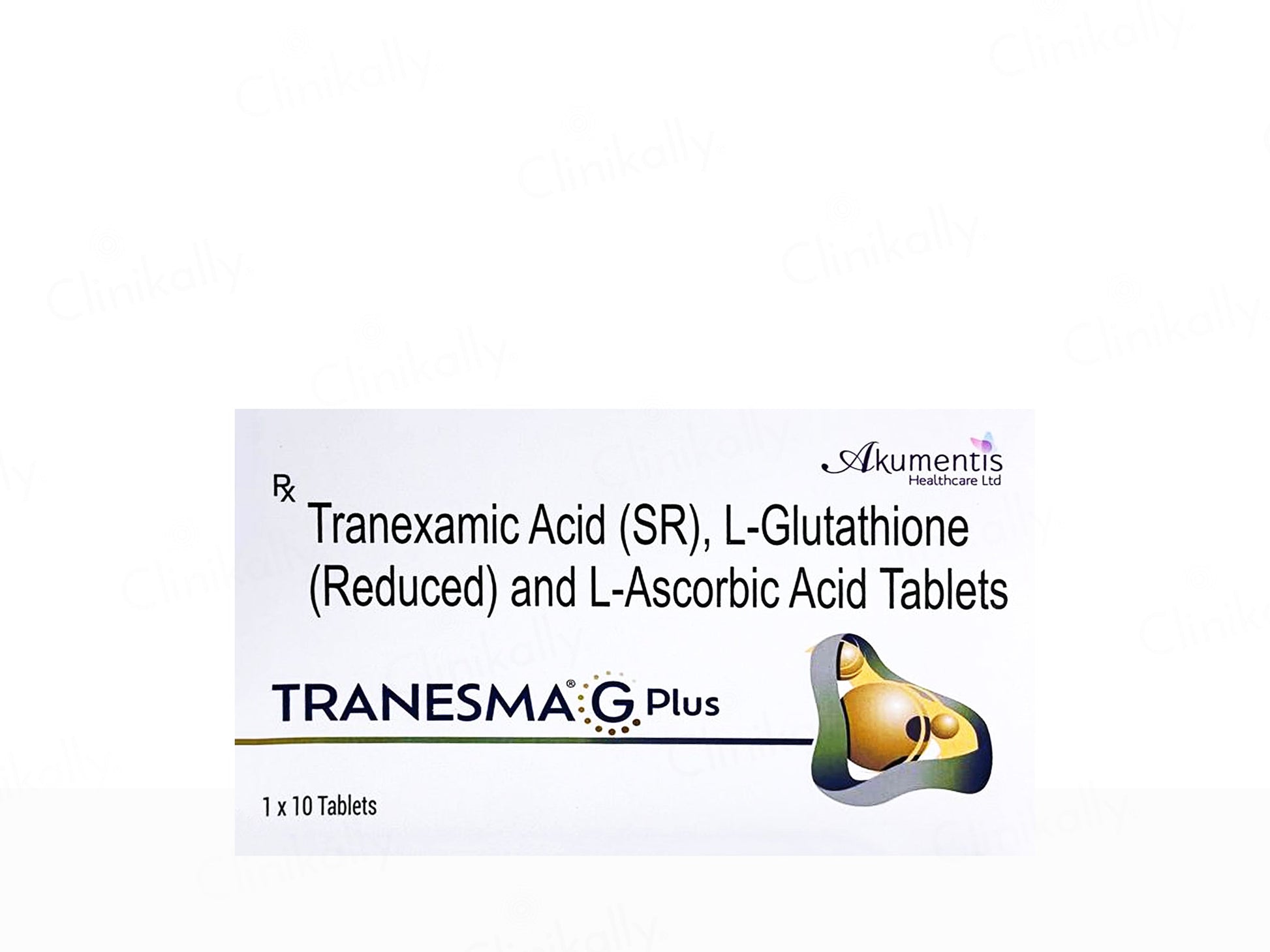 Box of Tranexamaic Acid (SR), L-Glutathione, and L-Ascorbic Acid Tablets with Akumantis Healthcare Ltd branding.