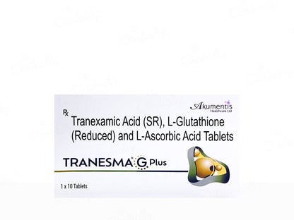 Box of Tranexamaic Acid (SR), L-Glutathione, and L-Ascorbic Acid Tablets with Akumantis Healthcare Ltd branding.