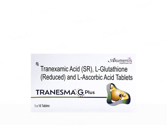 Box of Tranexamaic Acid (SR), L-Glutathione, and L-Ascorbic Acid Tablets with Akumantis Healthcare Ltd branding.