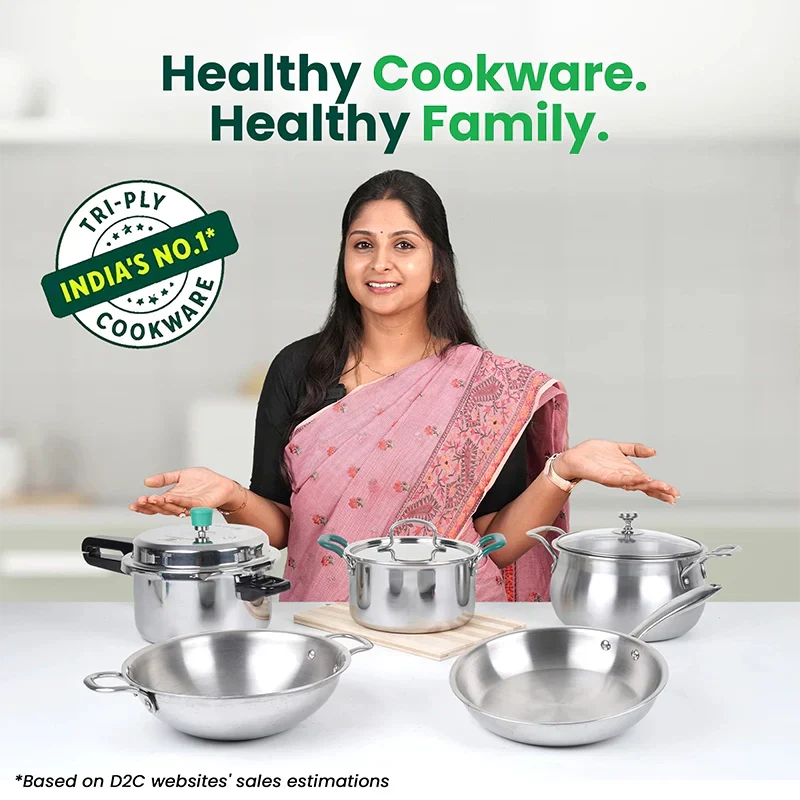The Indus Valley TurboCuk Tri-ply Stainless Steel Kadai+ Glass Lid, Premium Quality, 3 Layer Thick Body, 100% Toxin-free, Non-stick, Induction & Gas, 1.7/2.7/3.5L