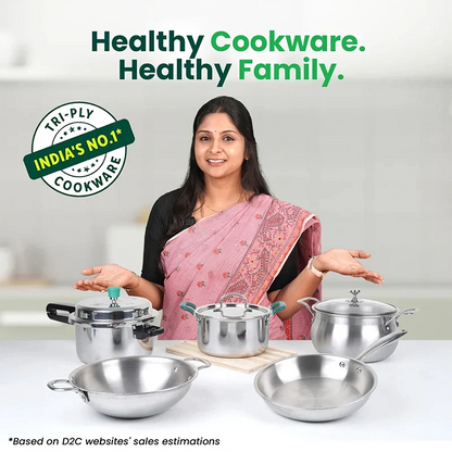 The Indus Valley TurboCuk Tri-ply Stainless Steel Kadai+ Glass Lid, Premium Quality, 3 Layer Thick Body, 100% Toxin-free, Non-stick, Induction & Gas, 1.7/2.7/3.5L