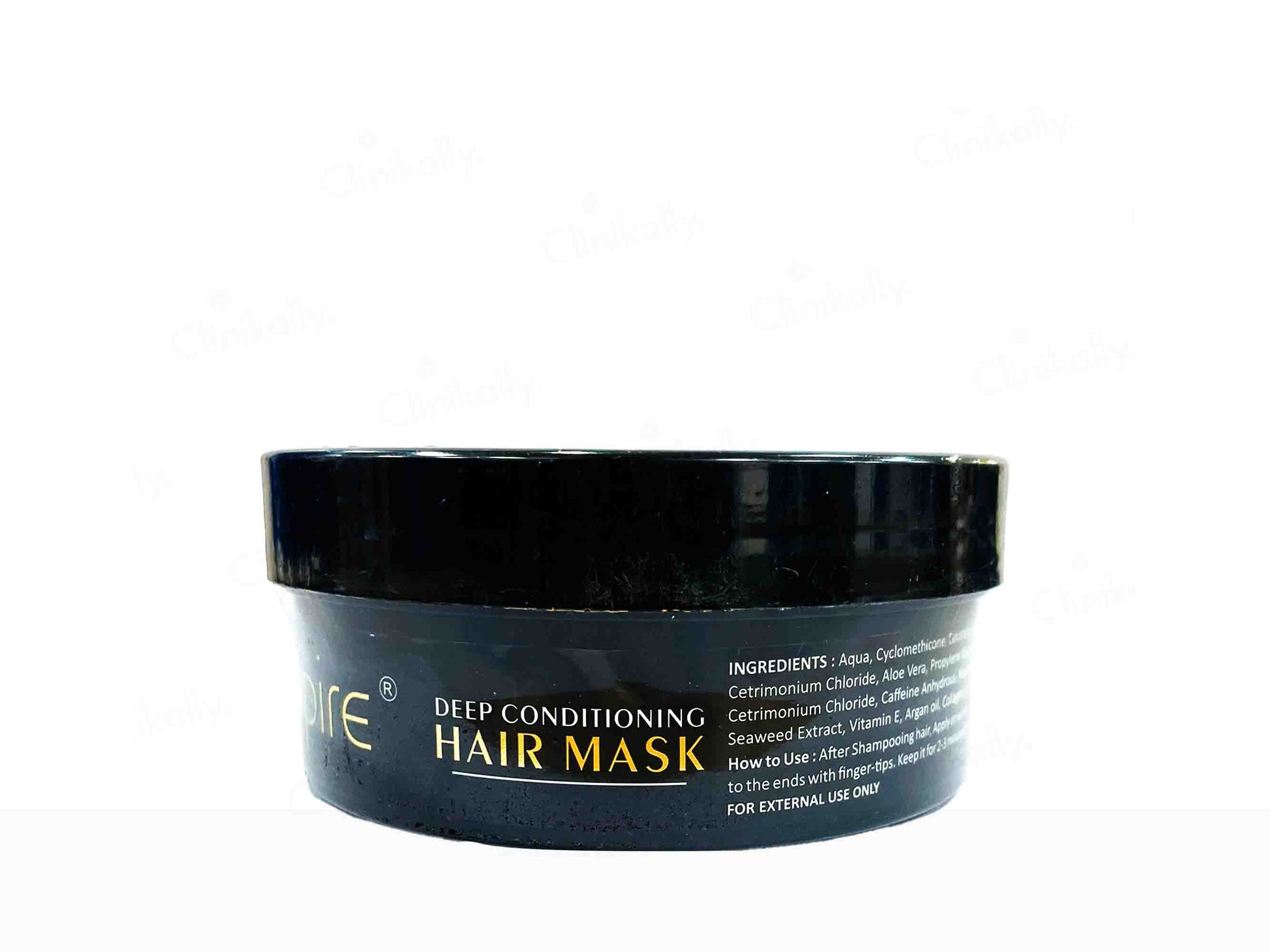 Black hair mask container with text on a white background