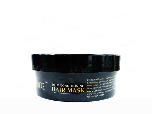 Black hair mask container with text on a white background