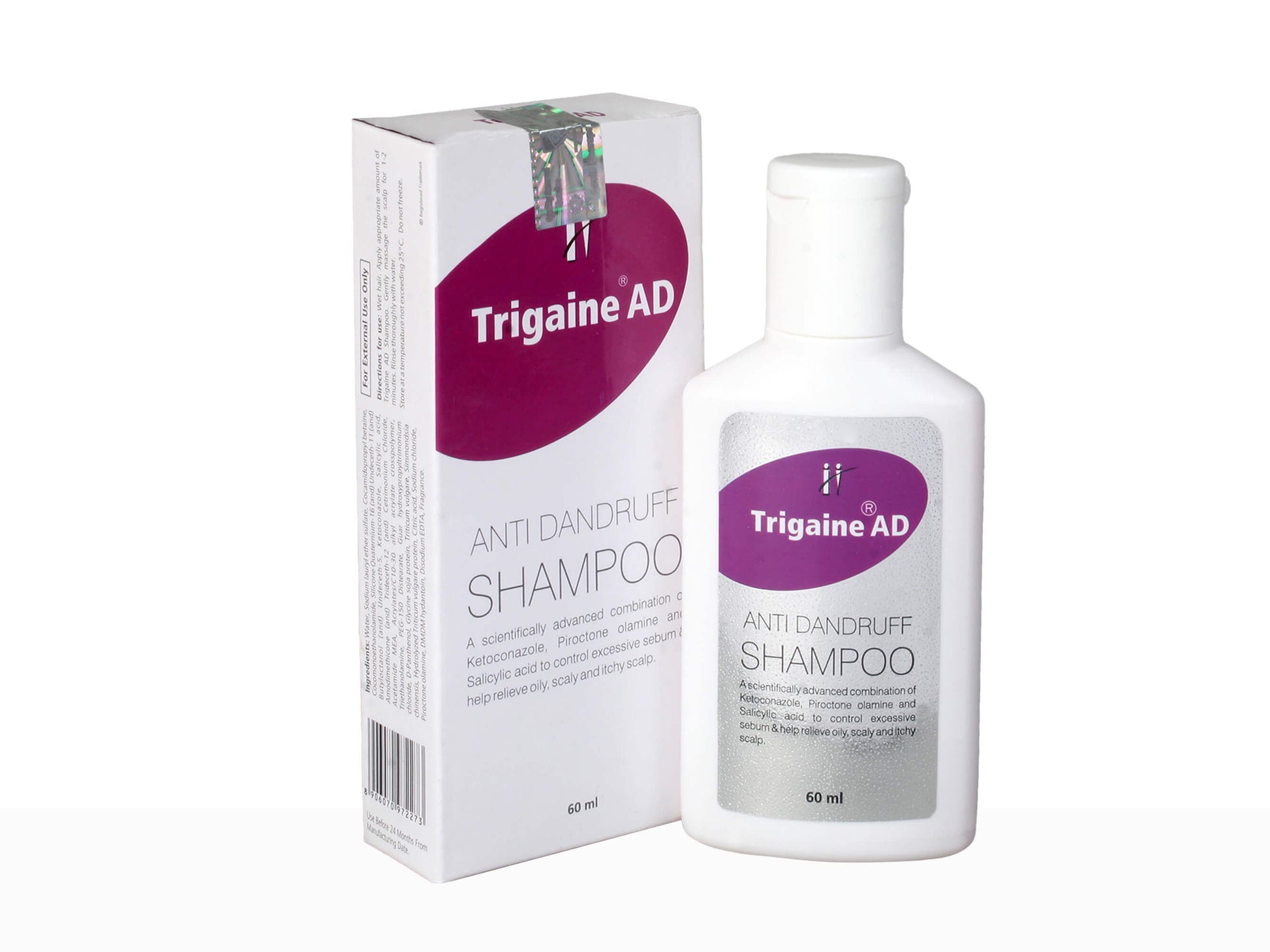 Trigaine AD anti-dandruff shampoo bottle and packaging on a white background
