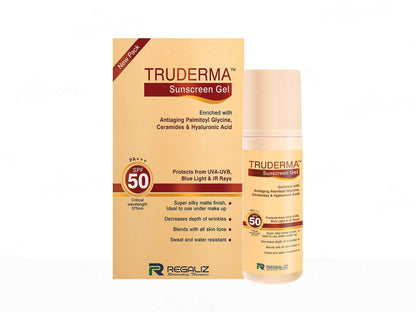 Truderma sunscreen gel packaging with SPF 50 on a white background