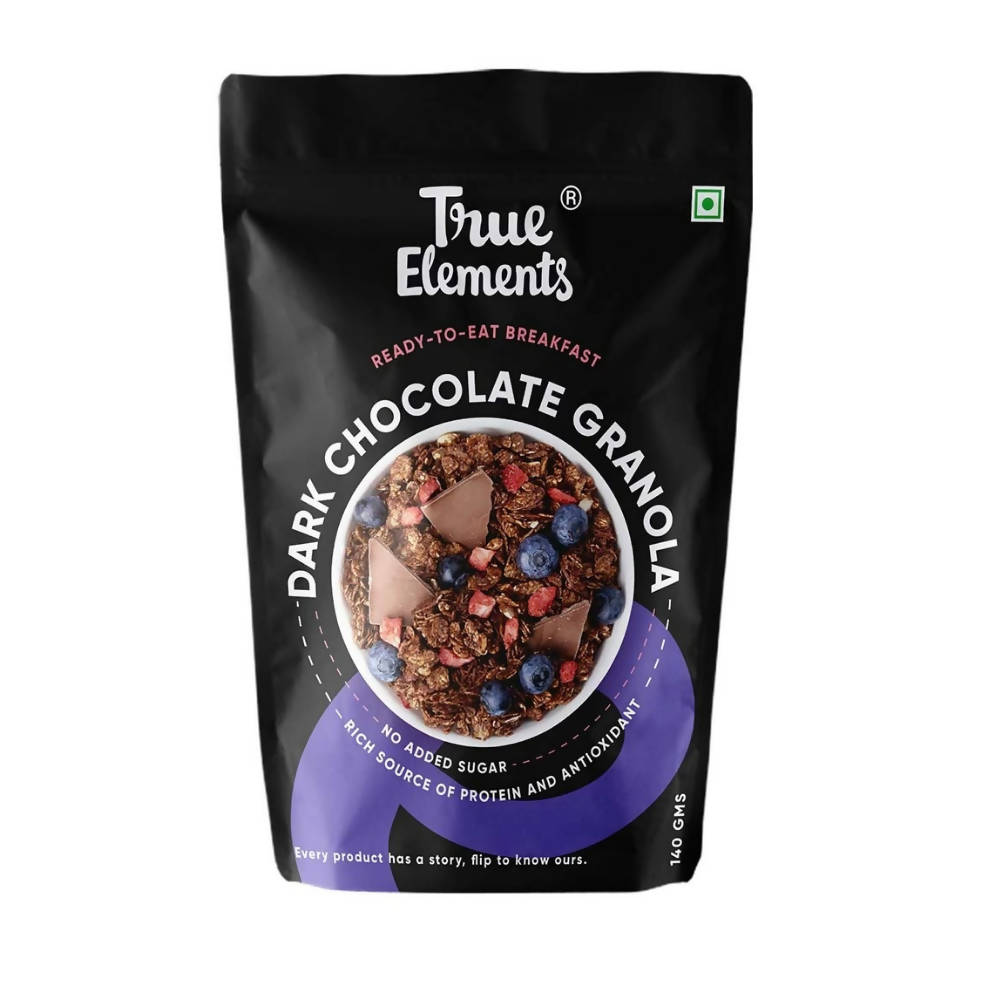 True Elements dark chocolate granola packaging on a white background
