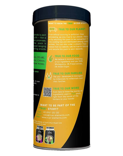 Back view of a cylindrical container with a yellow label on a white background