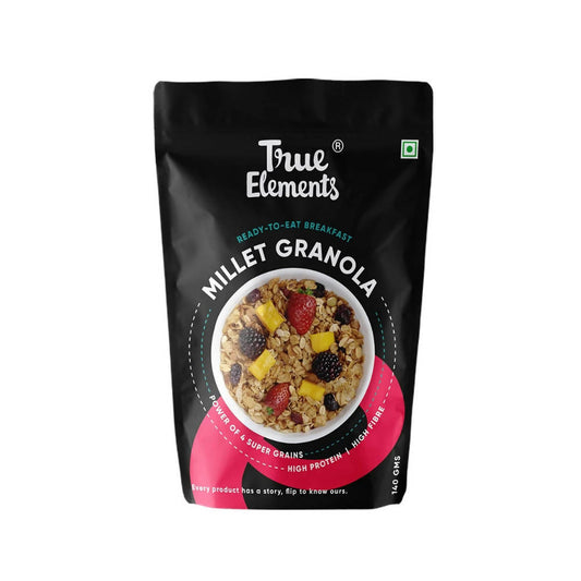 Black package of True Elements Millet Granola with a bowl of granola and berries on a white background