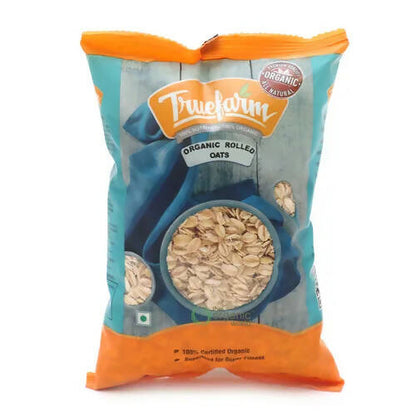 Bag of Truvedim organic rolled oats on a white background