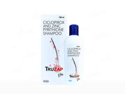 TruZap ciclopirox and zinc pyrithione shampoo bottle and packaging on a white background