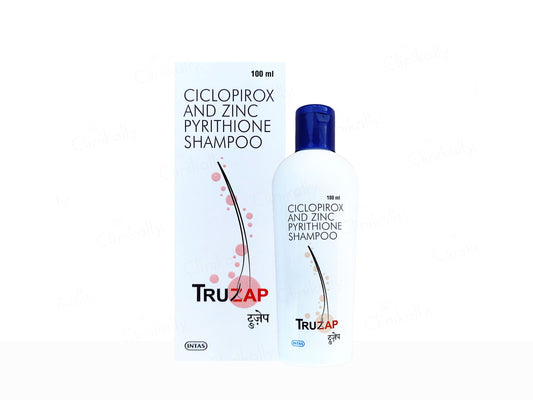 TruZap ciclopirox and zinc pyrithione shampoo bottle and packaging on a white background