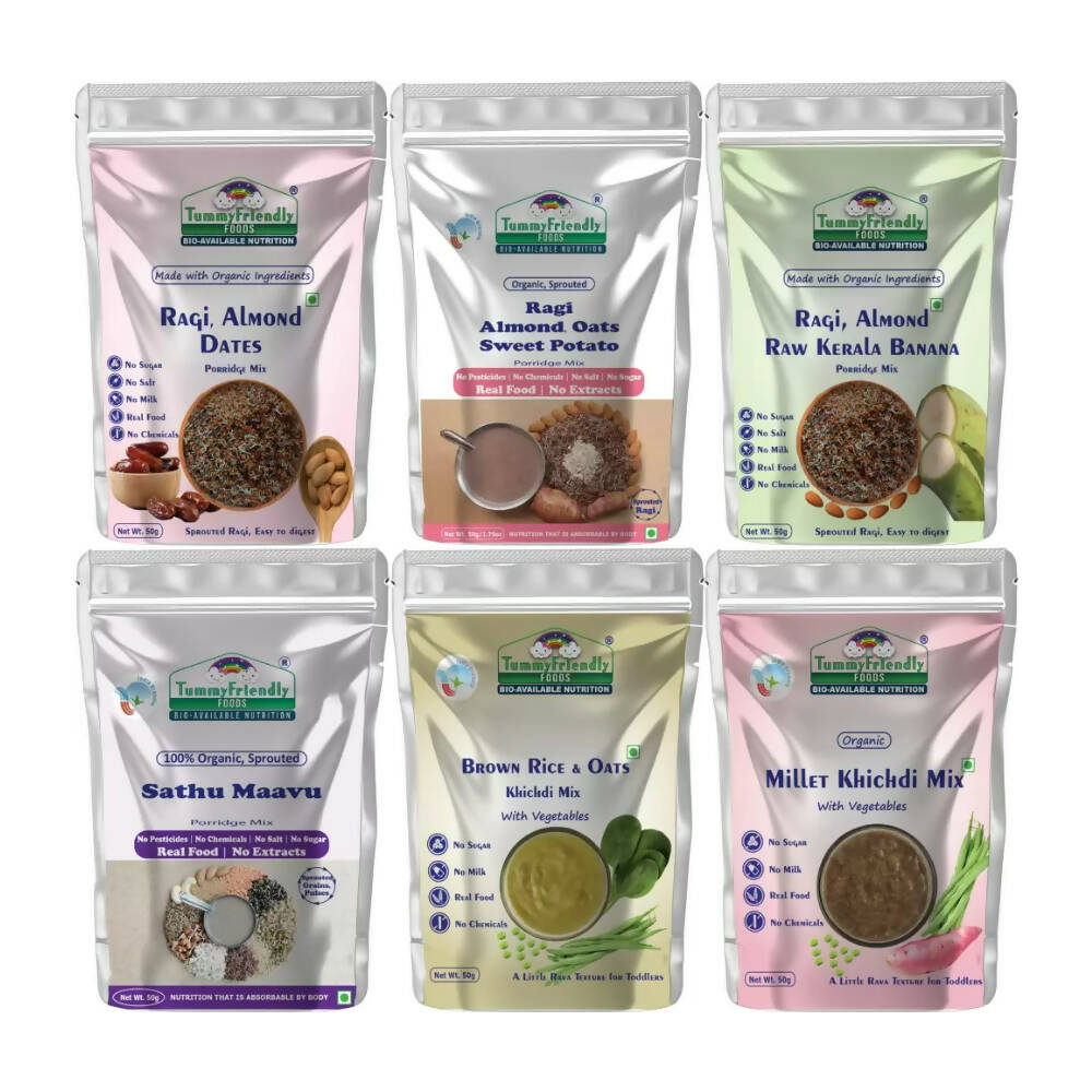Set of five packages of different food mixes with visible branding on a white background