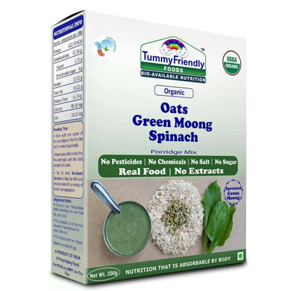 Box of Tummy Friendly Foods Oats Green Moong Spinach Porridge Mix on a white background