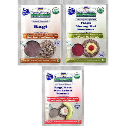 Three packages of Tummy Friendly Ragi porridge mixes on a white background