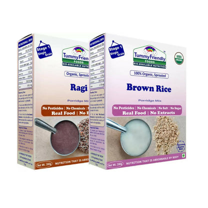 Two boxes of Tummy Friendly Foods Ragi and Brown Rice Porridge Mixes on a white background