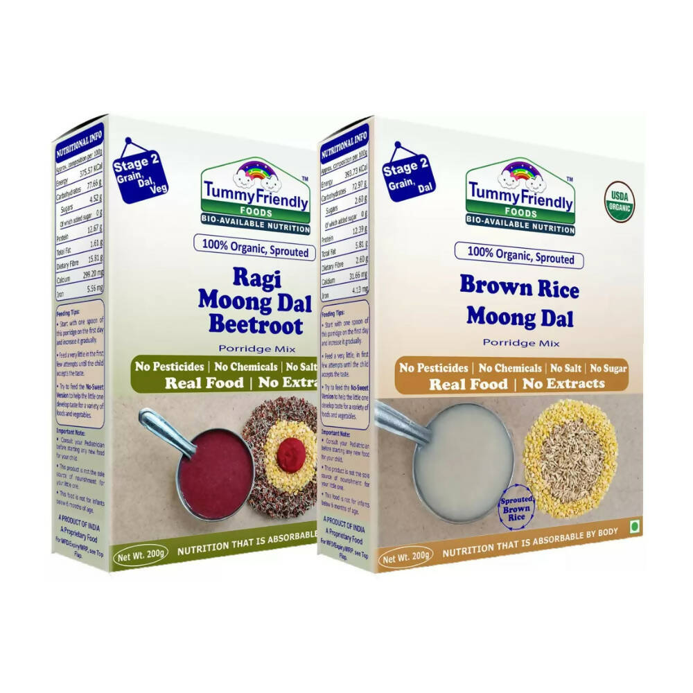 Two boxes of Tummy Friendly porridge mix with images of ingredients on a white background.