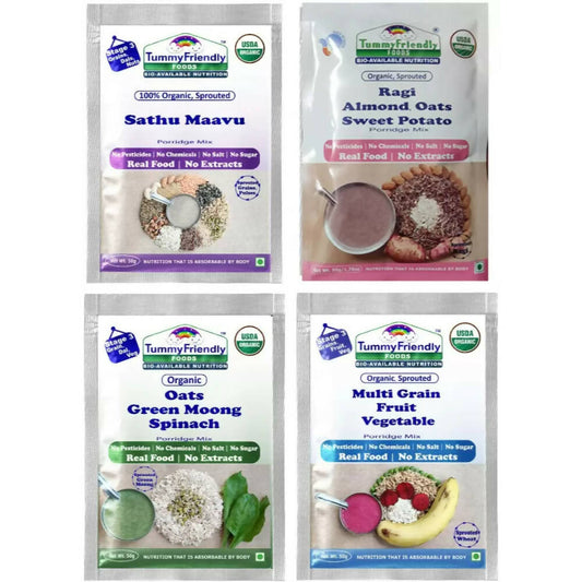 Four packages of Tummy Friendly organic food mixes on a white background