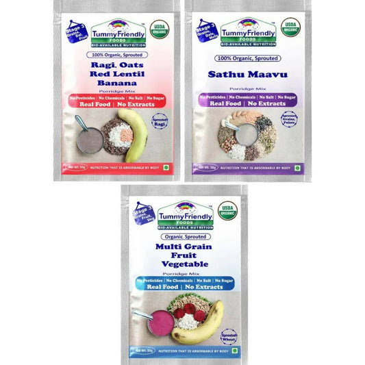 Three packages of Tummy Friendly organic sprouted mixes on a white background
