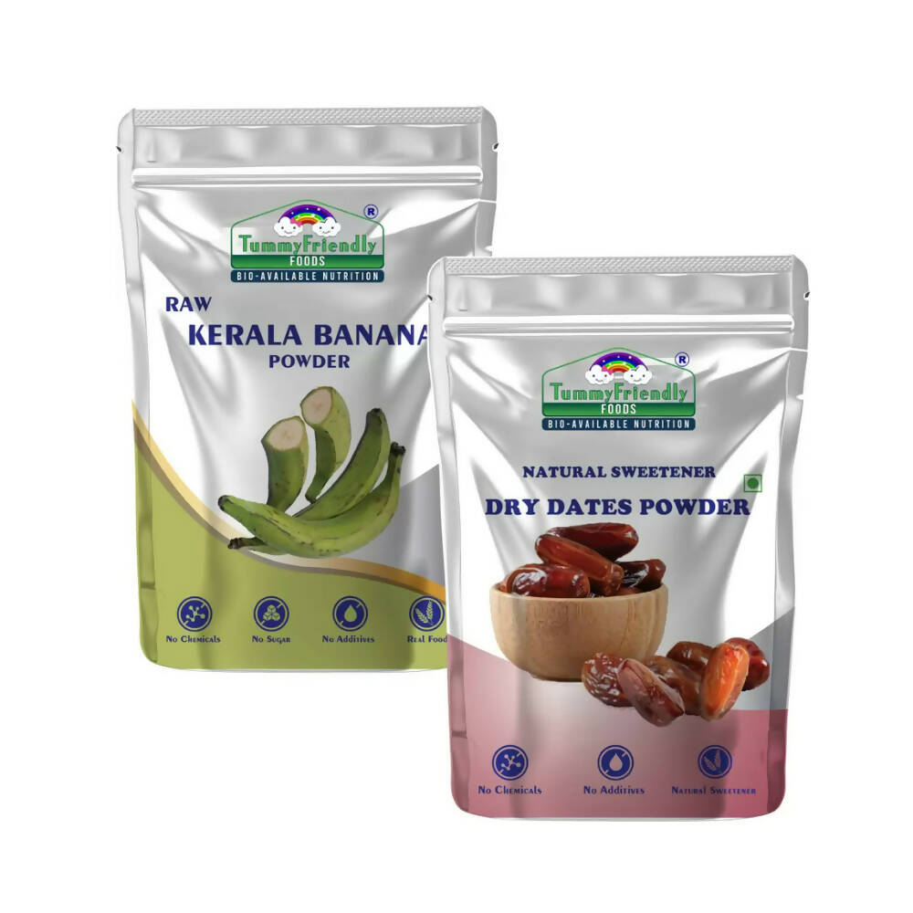 Two packages of Tummy Friendly Foods, one for Kerala Banana Powder and the other for Dry Dates Powder, on a white background.
