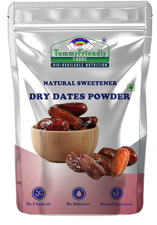 Tummy Friendly Foods dry dates powder packaging with images of dates and brand logo.