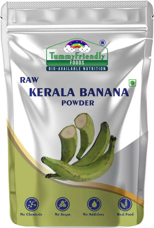 Tummy Friendly Foods Raw Kerala Banana Powder packaging with bananas on a white background
