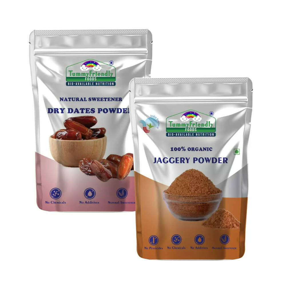 Two packages of Tummy Friendly Foods dry dates powder and jaggery powder on a white background.