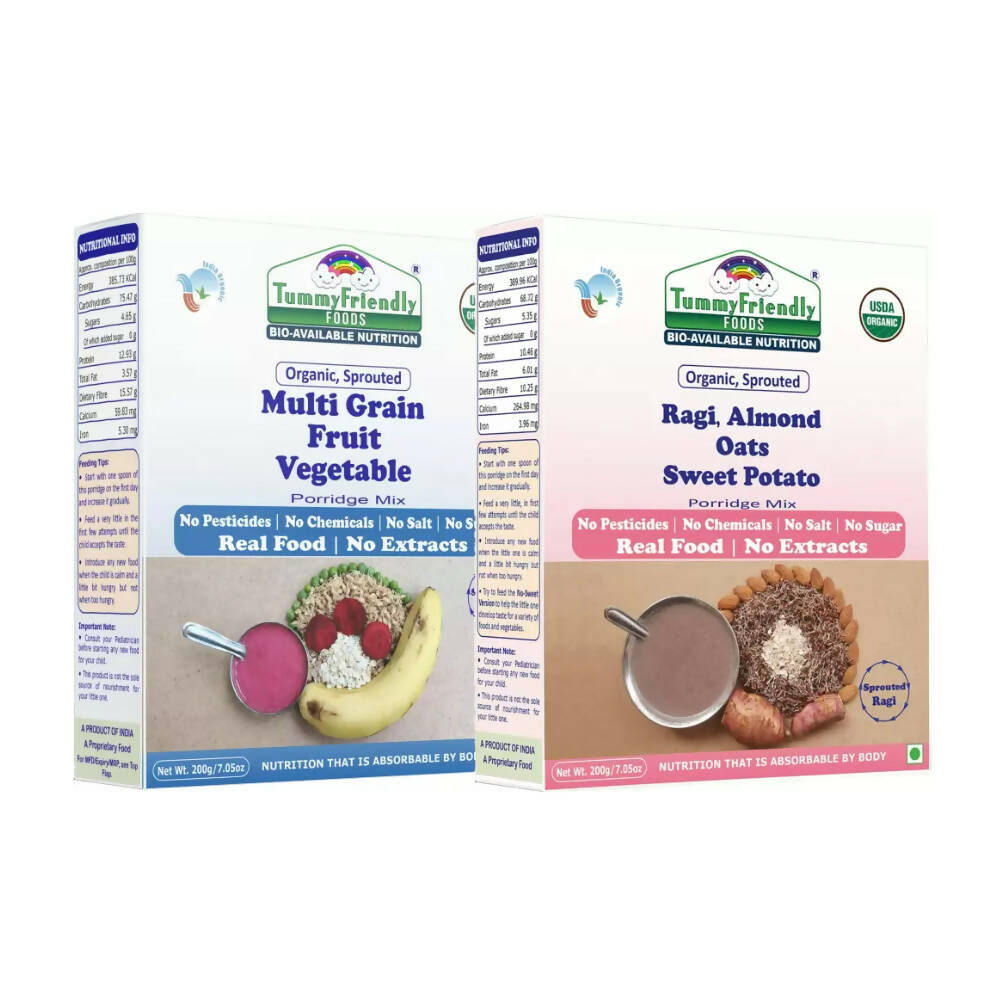 Two boxes of Tummy Friendly Foods porridge mixes on a white background