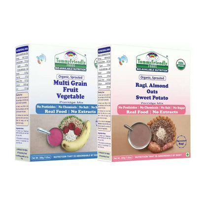 Two boxes of Tummy Friendly Foods porridge mixes on a white background