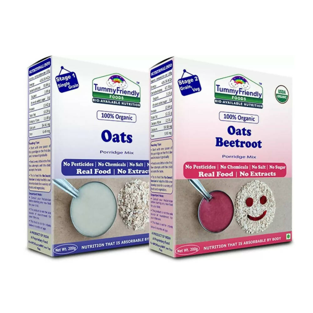 Two boxes of Tummy Friendly Foods Oats Porridge Mix on a white background