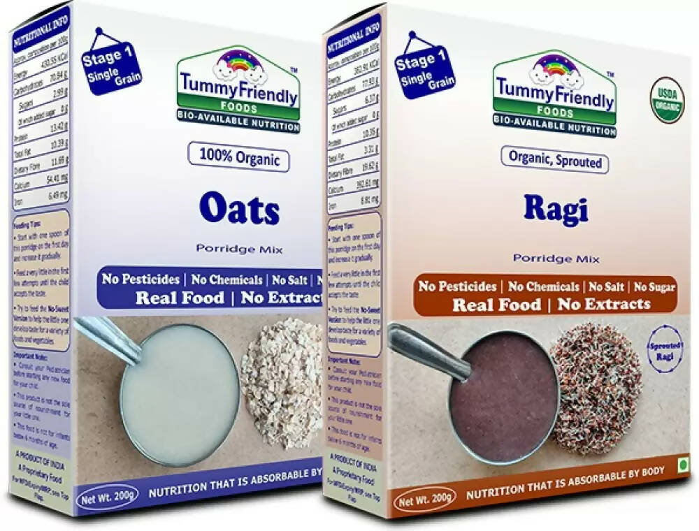 Two boxes of Tummy Friendly Foods porridge mix, one for oats and one for ragi, on a white background.