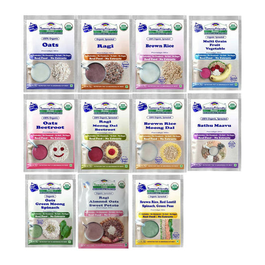 Grid of various food packages with labels on a white background