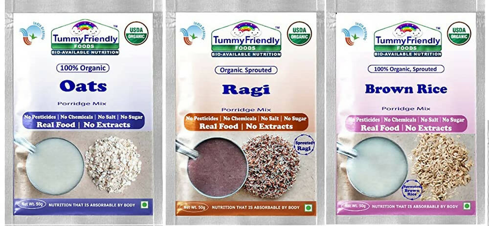 Three packages of Tummy Friendly Organic Porridge Mixes for Oats, Ragi, and Brown Rice.