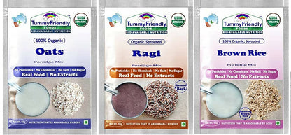 Three packages of Tummy Friendly Organic Porridge Mixes for Oats, Ragi, and Brown Rice.