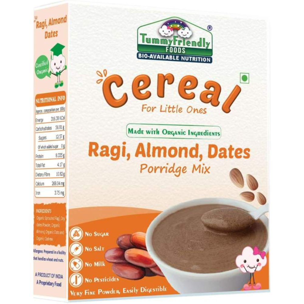 Tummy Friendly Foods cereal box for little ones with organic ingredients on a white background