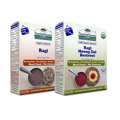 Two boxes of Tummy Friendly Ragi and Ragi Moong Dal Beetroot porridge mix on a white background