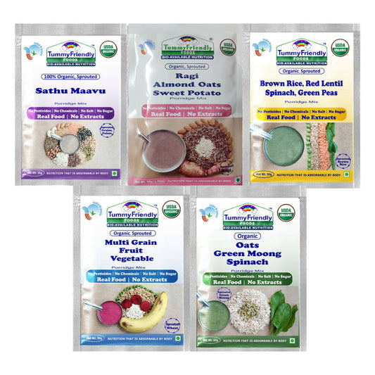Collection of Tummy Friendly food packages on a white background