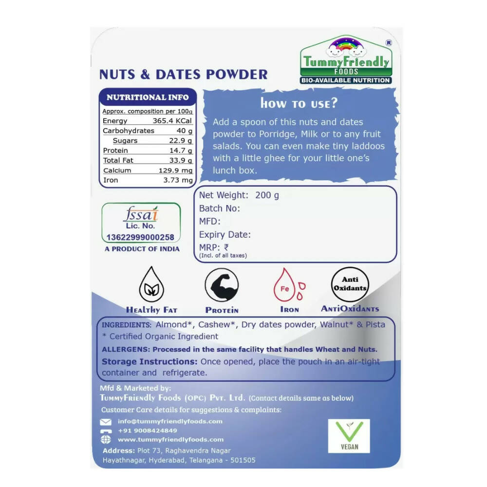 Nuts and Dates Powder packaging with nutritional information and usage instructions.