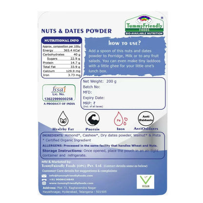 Nuts and Dates Powder packaging with nutritional information and usage instructions.