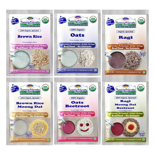 Set of Tummy Friendly organic food packages with different ingredients on a white background