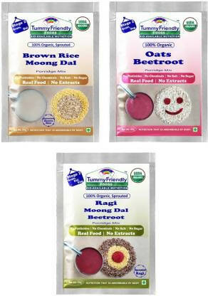 Three packages of Tummy Friendly Organic food products on a white background
