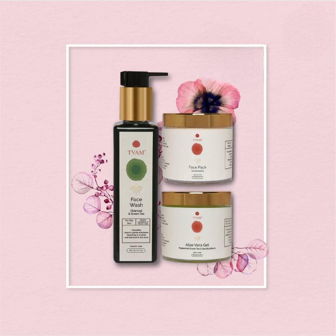 TVAM skincare products including Face Wash, Face Pack, and Aloe Vera Gel on a pink background with floral elements.