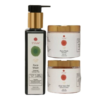 TVAM skincare products including a bottle and two jars on a white background